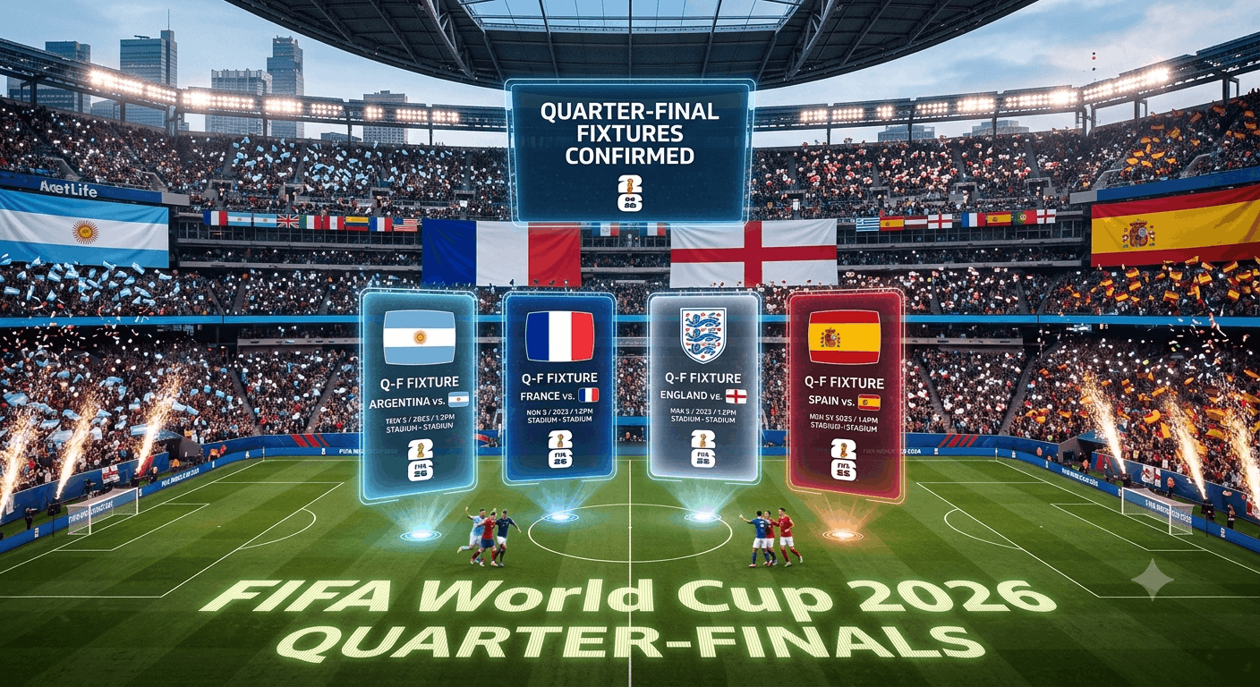 The FIFA World Cup 2026 quarter-final fixtures are confirmed, with Argentina, France, England, Spain and other contenders battling for a place in the semi-finals.