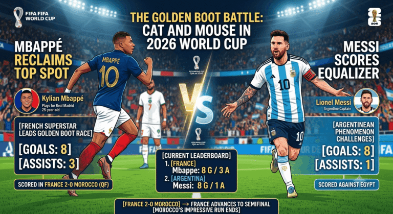 Kylian Mbappe moves to the top of the FIFA World Cup 2026 Golden Boot race after scoring in France's 2-0 victory over Morocco, edging Lionel Messi on assists.