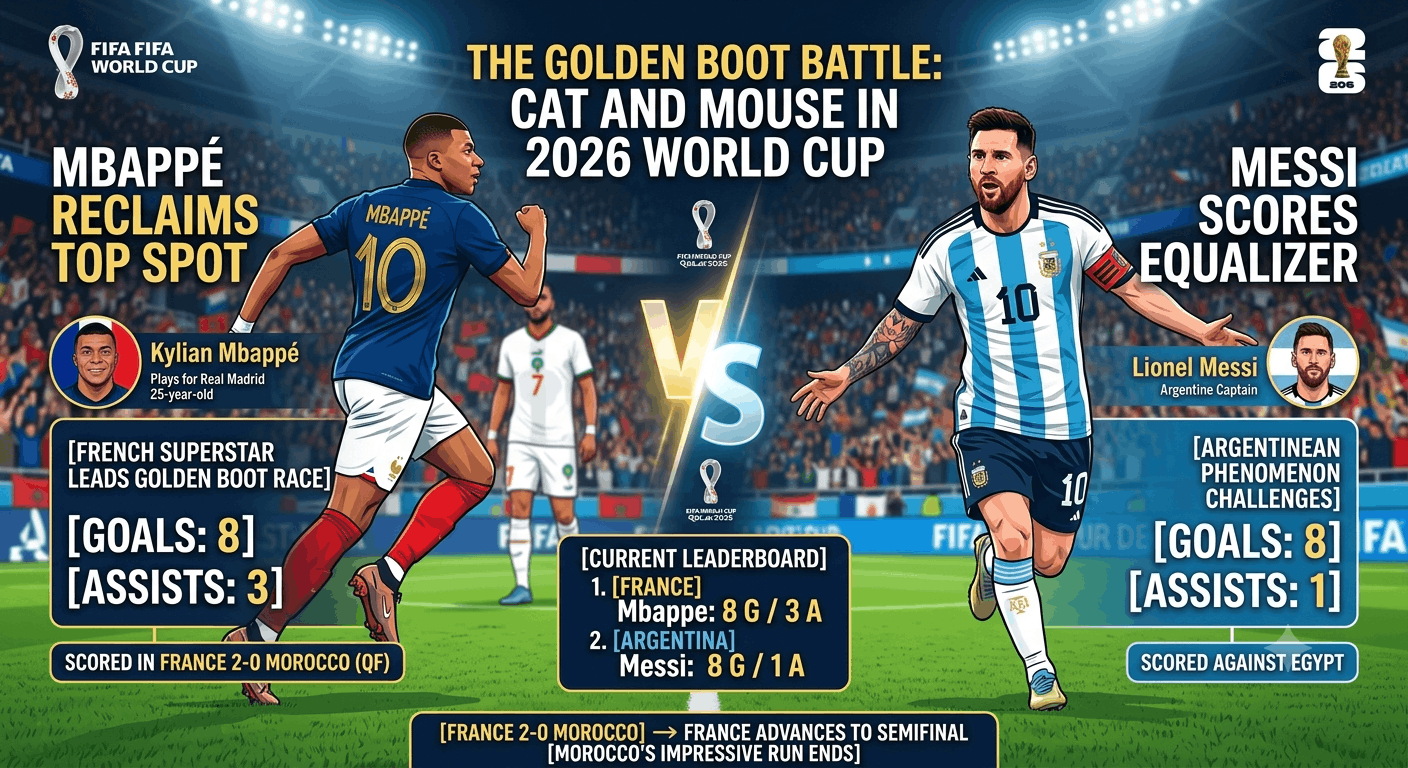 Kylian Mbappe moves to the top of the FIFA World Cup 2026 Golden Boot race after scoring in France's 2-0 victory over Morocco, edging Lionel Messi on assists.