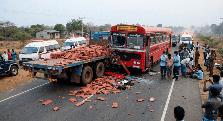 Thirteen people were injured in an SLTB bus-lorry crash in Medawachchiya, while a separate bus-motorcycle collision killed a mother and son