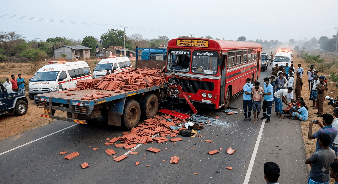 Thirteen people were injured in an SLTB bus-lorry crash in Medawachchiya, while a separate bus-motorcycle collision killed a mother and son