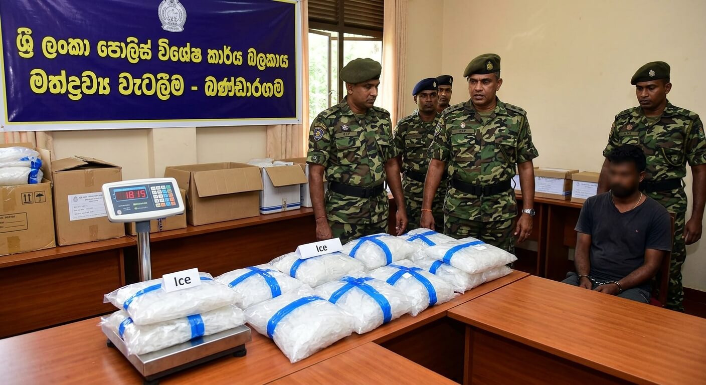 STF officers have arrested a suspected associate of Dubai-based drug kingpin ‘Dubai Ravishka’ and seized 18.672kg of Ice during a raid in Bandaragama.