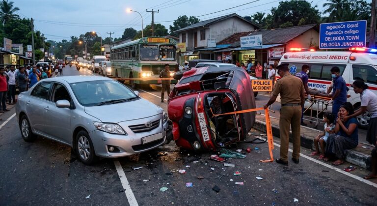 Three people, including a seven-year-old girl, have died after a three-wheeler collided with a car on New Kandy Road in Delgoda, Meegahawatta.